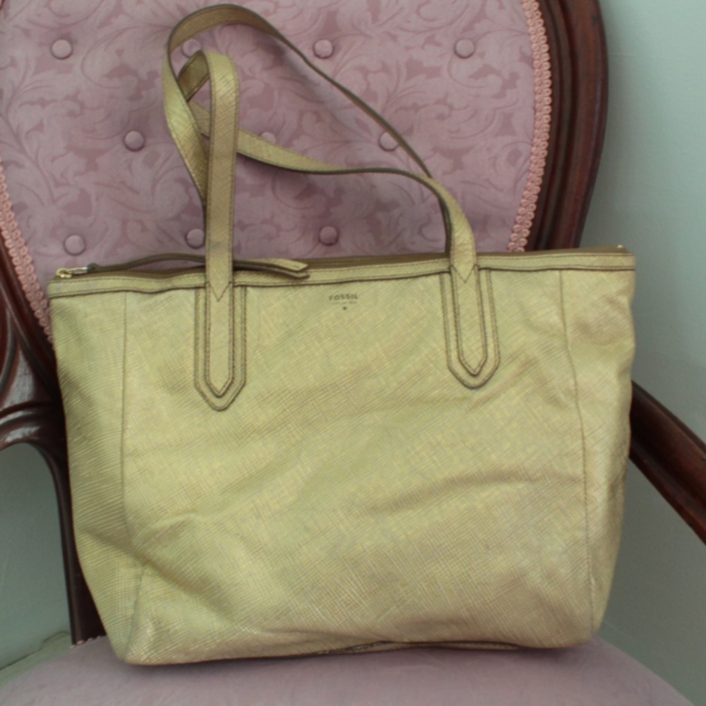 Fossil Gold Saffiano Textured Leather Tote Bag